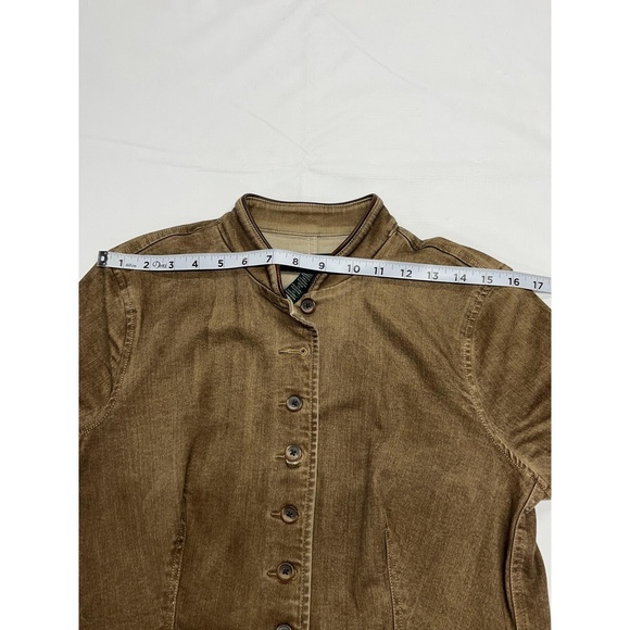 LRL Lauren Jeans Co. Womens Brown Stretch Denim‎ Leather Trim Jacket Sz 12 - Picture 9 of 12